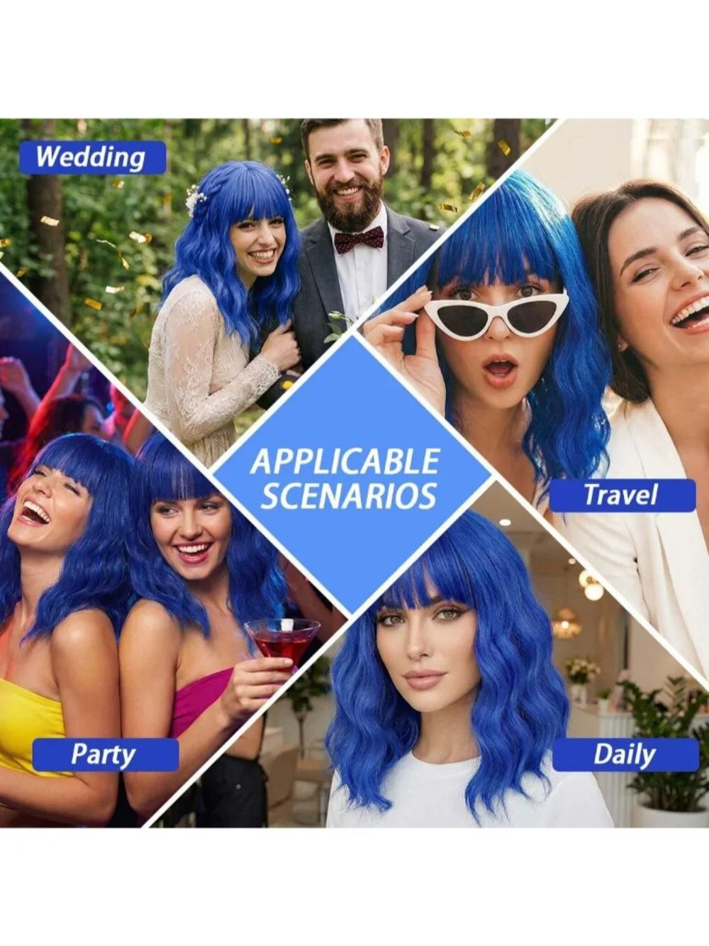 Women's Blue 14 Inch Short Shoulder Length Synthetic Bangs Wavy Bob Wig